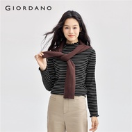 GIORDANO Women Sweaters 14-Gauge Lettuce Trims Sweaters Mock Neck Long Sleeve Stripe Smooth Fashion 