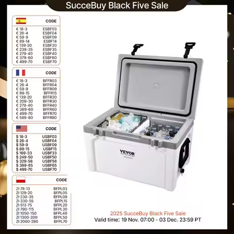 SucceBuy 25/33/45/52QT Portable Hard Cooler Fully Insulated Ice Chest Cooling Box Goods Basket for B