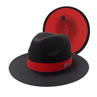 Fashion Outer Black Inner red Wool Felt Jazz Fedora Hats with Thin Belt Buckle Men Women Wide Brim Panama Trilby Cap 56-58CM