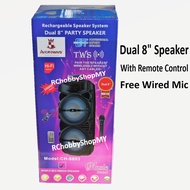 🔊Dual 8 Inch Speaker AVCROWNS 8" Portable Rechargeable Speaker With Wired Mic &amp; Remote Control CH-8803