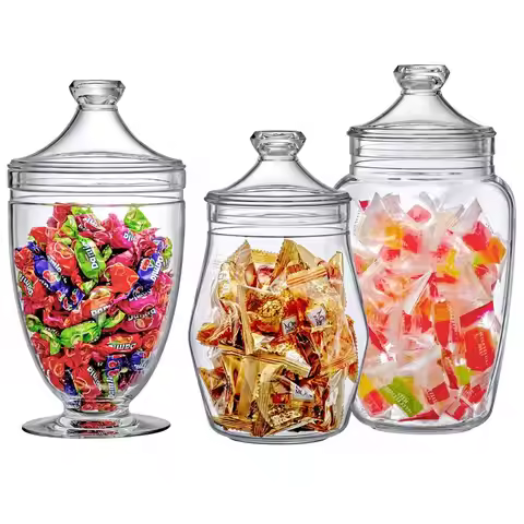 Enchant Plastic Apothecary Jars 3Piece Set, 46 45 59 oz, Acrylic Jars with Lids, Bathroom Canisters,