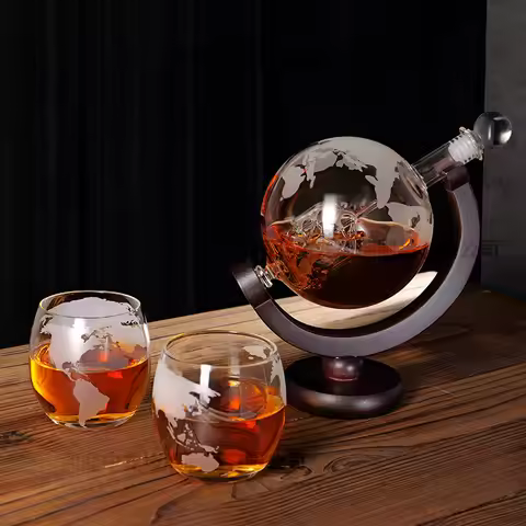 Special Whiskey Glass Decanter Sailboat Globe Decanter Whisky Wine Dispenser Glass Bottles Wooden St
