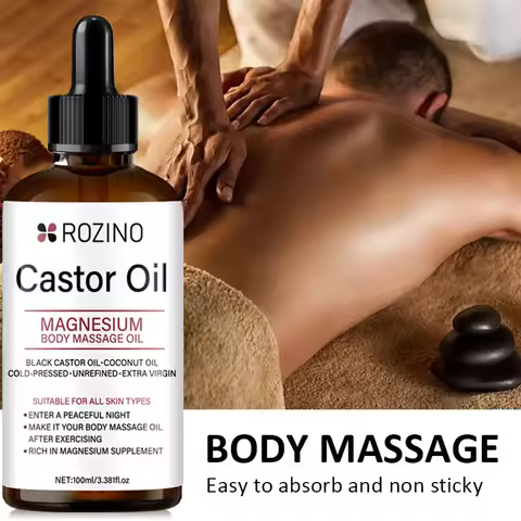 Castor body massage oil, rich in black castor oil, coconut oil, and magnesium, suitable for face and
