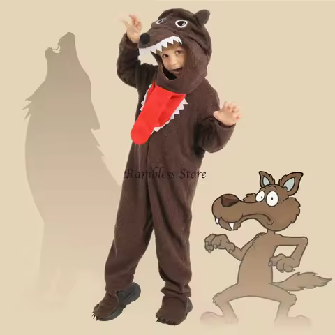 Purim Halloween Wolf Animals Cosplay Costumes for Children Fairy Tale Big Bad Wolf Jumpsuit Child Wo
