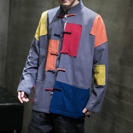 Chinese Style Men's Cotton Linen Contrast Color Stitching Patch Beggar Clothes Jacket Men's Buckle T
