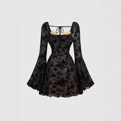 Black Floral Lace A- Line Short Top Dress Women's Fashion Princess Sleeve Empire Waist Skirt Cross-B