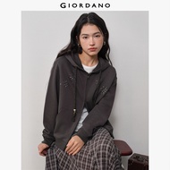 GIORDANO Women Hoodies Rivets Snowflake Jackets Two-Way Zip Beaded Drawstring Fashionable Casual Loo
