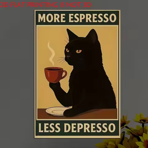 Retro More Espresso Less Depresso Black Cat Wall Art Print Canvas Painting Poster Picture For Living