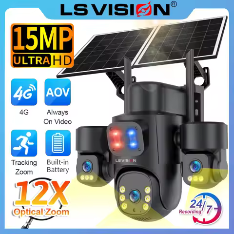 LS VISION 3-Screen AOV 4G Solar Security Camera 12X Zoom 15MP Outdoor Surveillance Camera 24/7 Recor