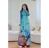 Áo dài màu xanh cổ vịt  in 3D hoa nổi bật MINISO