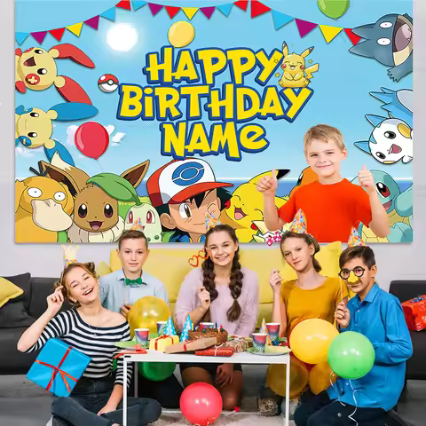 Pikachu Theme Custom Name Pokemon Birthday Background Decoration Kids Boy Baby Shower Anime Banner P