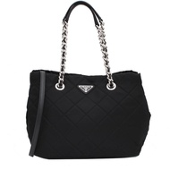 Prada 1BG740 Quilted Tessuto Impuntu Nylon Convertible Bag with Chain Accents- Black