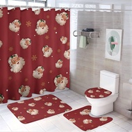 Polyester Waterproof Bath Set - Shower Curtain + Short Velvet Mat Kit, Burgundy Vintage Christmas Pr