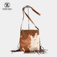 Bohemian Retro Embossed Small Square Bag Horse Hair Crossbody Bag Pu Shoulder Bag Tassel Womens Bag 