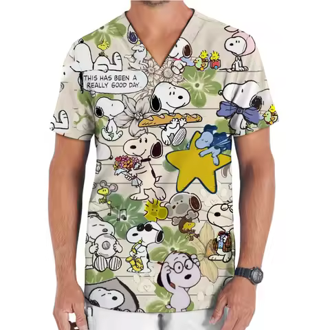 Anesthesiologist surgical gown short sleeved frosted men's V-neck pharmacy gown dentist Snoopy print