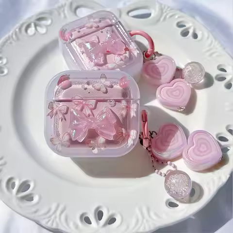 Case For AirPods 4 2 3 Pro 2 EarBuds Pink Crystal Butterfly Earphone Funda Keyring For AirPod 4 Pro2