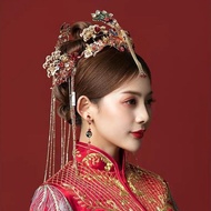 Hanfu headwear, style bride hair accessories, Xiuhe Hanfu headwear Chinese style Bridal hair accessories Xiuhe Clothing accessories Retro Fringed Phoenix Crown Ancient Costume Dragon Phoenix Gown accessories