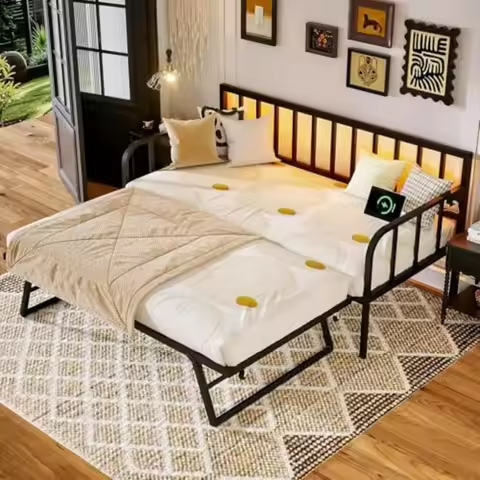 Daybed with Pop Up Trundle, Twin Day Bed with Trundle Bed Twin, Charging Station and LED Lights, Twi