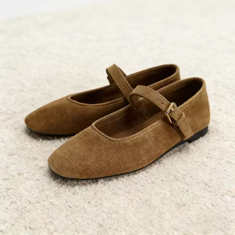 High Quality Faux Suede Ballet Flats Women Retro Brown Buckle Mary Jane Shoes Fashion Cozy Brand Des