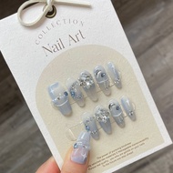 [HANDMADE]Artificial Nail Snowflake Broken Diamond Crystal Haze Blue Phototpy Nails Reusable and Removable Nails