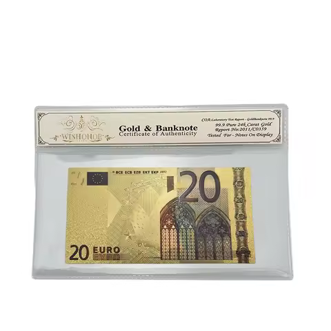 Wholesale Color Euro Banknotes 20 Euro Banknote in 24k Gold Plated With Plastic COA Frame For Gifts 