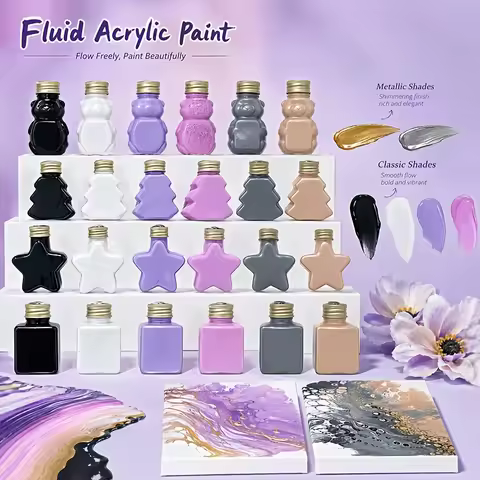 6‑Color 50ml/1.69oz Fluid Acrylic Paint Set, 4 standard + 2 metallic: Black, White, Violet, Rose Red