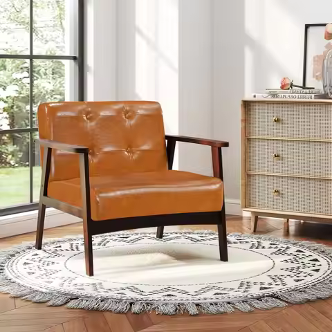 MidCentury Modern Accent Chair, Oversized Armchair with Rubber Wood Frame, Armrest, Wide Backrest,10