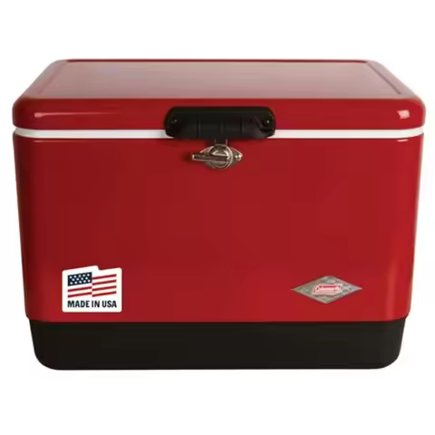 Vintage 54qt steel belted cooler for outdoor use, silver-gray metal, keeps ice up to 4 days, 85-can