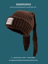 1件冬季女士獨特可愛長兔耳編織帽,帶有保暖耳罩