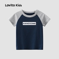 Lovito Kids Casual T-shirt Colorblock Letter Spring/summer Navy Blue T-shirt for Boy LNL108227 Lovit