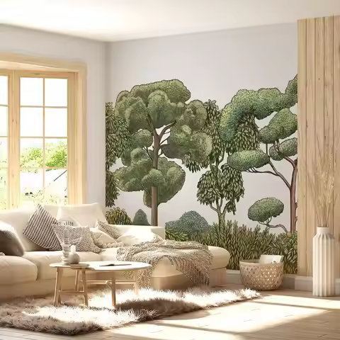 Green Forest Natural panoramic wallpaper, Vegetal landscape Wall paper with Handdrawn Forest, Bushes