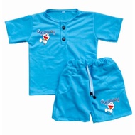 setelan anak kiano pendek kancingan gambar doraemon laki laki perempuan usia 1-5 tahun