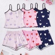 3pcs/Set Teen Girl Heart Print Ruffle Cami Top And Shorts Pajama Set, Can Be Worn As Sleepwear Or Ca