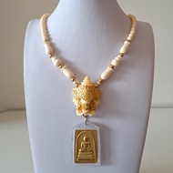 Thai Amulet Accessories: Premium White Resin Micron Gold Elephant Head Necklace 1 Hook + 1 Openable Hook At The Back