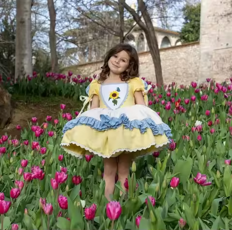 0-12Y Baby Girl Spring Summer Yellow Sunflower Embroisery Vintage Spanish Princess Ball Gown Yellow 