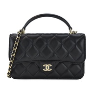 CHANEL 經典雙C菱格紋小羊皮鏈帶手提/斜背包(黑色)/平行輸入