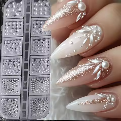 600-700Pcs/box Mixed-Size Round ABS Pearl Beads 3D Nail Charms 0.15-0.5CM Round/Semi-Circle White Pe