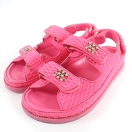 香奈兒 2022SS G35927 皮革和 Coco Mark 斜紋軟呢魔術貼平底涼鞋，粉紅色，36 碼，狀況極佳，配有盒子和防塵袋，意大利製造。