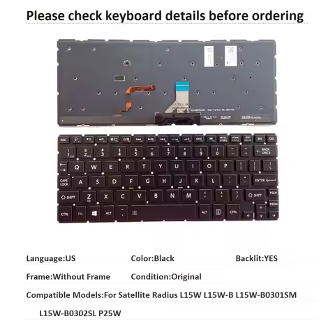 New US Language Backlit Keyboard For Toshiba Satellite Radius L15W L15W-B L15W-B0301SM L15W-B0302SL 