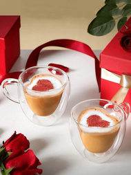 1 ชิ้น แก้วชา รูปหัวใจรัก-แก้วกาแฟรูปหัวใจโปร่งใสสร้างสรรค์ แก้วน้ำนมฉนวนสองชั้น แก้วน้ำผลไม้มีด้ามจ