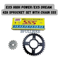 HONDA EX5 HIGH POWER EX5 DREAM 428 SPROCKET SET WITH CHAIN SSS RANTAI SSS SEKALI SPOKET DEPAN BELAKA