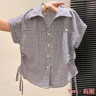 Ym - Plaid Short Sleeve Shirt for Women | 100% Cotton | Summer 2025 Trendy Design with Adjustable Wa