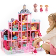 Doll House, Girls Theme Dream House with Gorgeous Lighting, 3 Dolls, 4 Floors -13 Rooms, 7 Sets of F