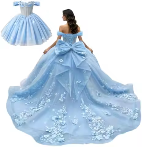3D Flowers 2 in 1 Quinceanera Dresses Off Shoulder Tulle XV Dress Beaded Quince Dress with Detachabl