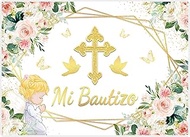 Allenjoy 82" x 59" Pink and Gold Floral Baptism Backdrop for Baby Girl Spanish Mi Bautizo Butterfly 