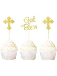 12入組上帝保佑和十字形的杯子蛋糕裝飾，金色閃粉嬰兒洗禮基督教派對裝飾品