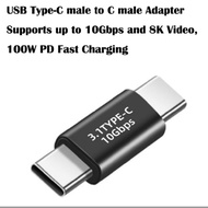 Black metal type c male to type c male adapter connector type 3.1 to type 3.1 male to male data tran