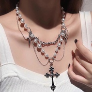Punk Crosses Pendant Necklace Gothic Crosses Layered Chain Imitation Pearls Beaded Choker Jewelry
