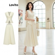 Lovito Elegant Skirt Sets Plain Pleated Button Double Layer Top or Bottom for Women L80ED249