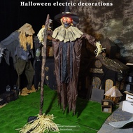 【HOT】Halloween Scarecrow Broomstick Prop with LED Eyes and Spooky Sound Effects